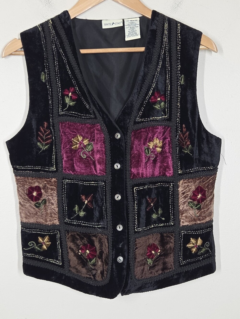 Vtg 90s Y2K Dark Velvet Patchwork Embroidered Vest M Whimsigoth Grunge Fairy